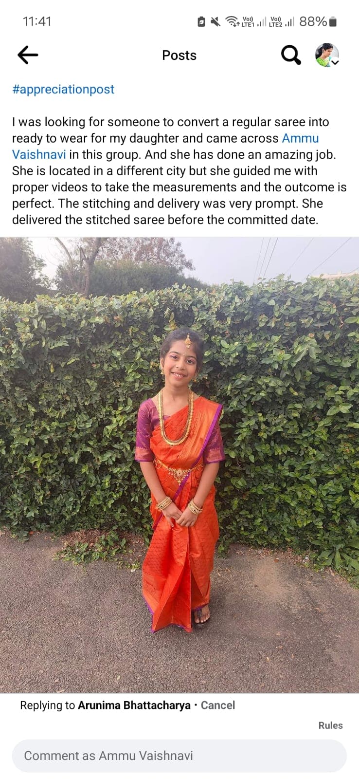 Customer feedback about custom Bharatanatyam dress